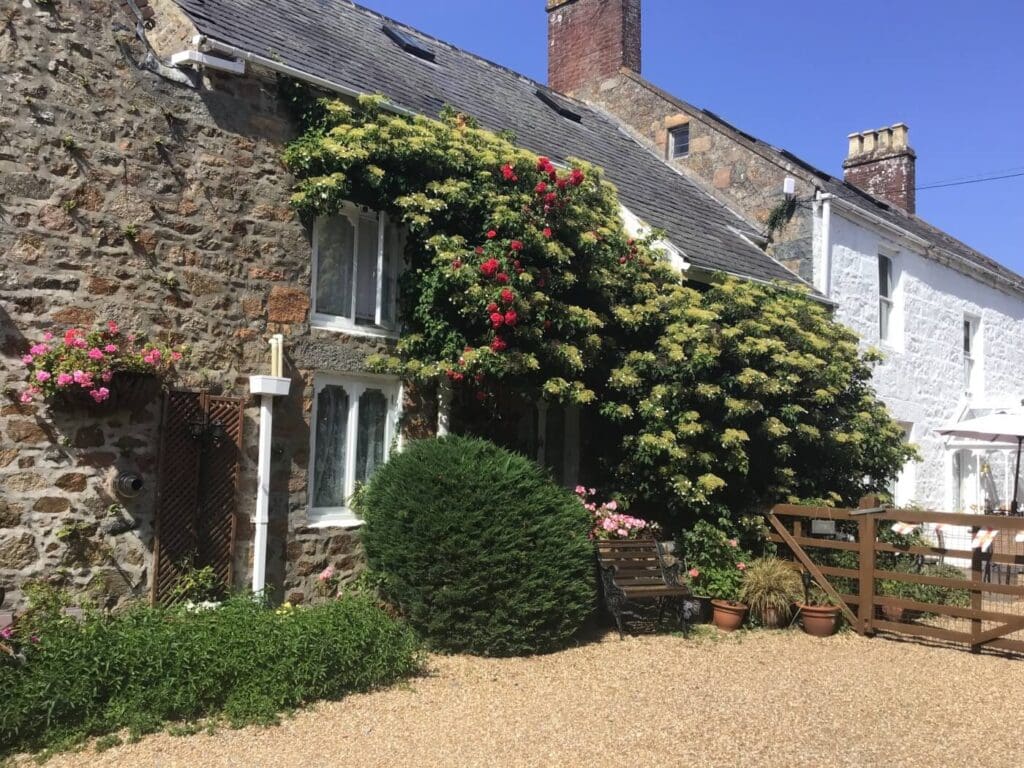 La Pompe tourelle with climbing hydrangea and wooden gate